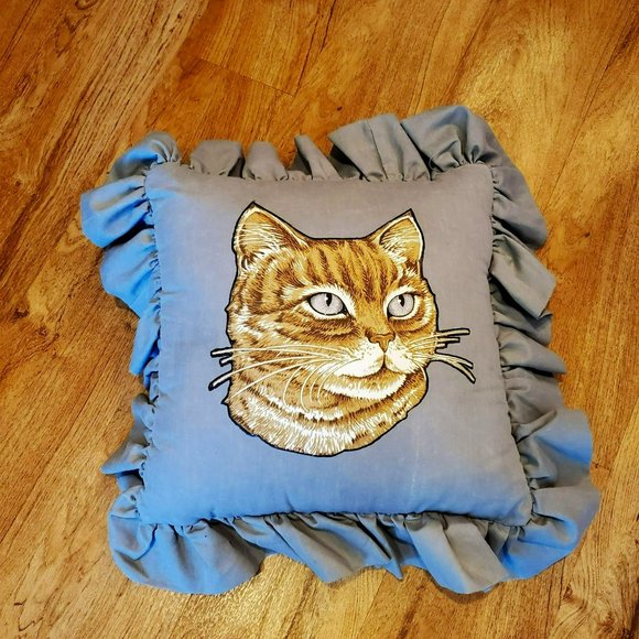 Vintage Handmade Cat Pillow, Applique Tabby Cat, Accent Pillow, Gray with Ruffle - Picture 1 of 5